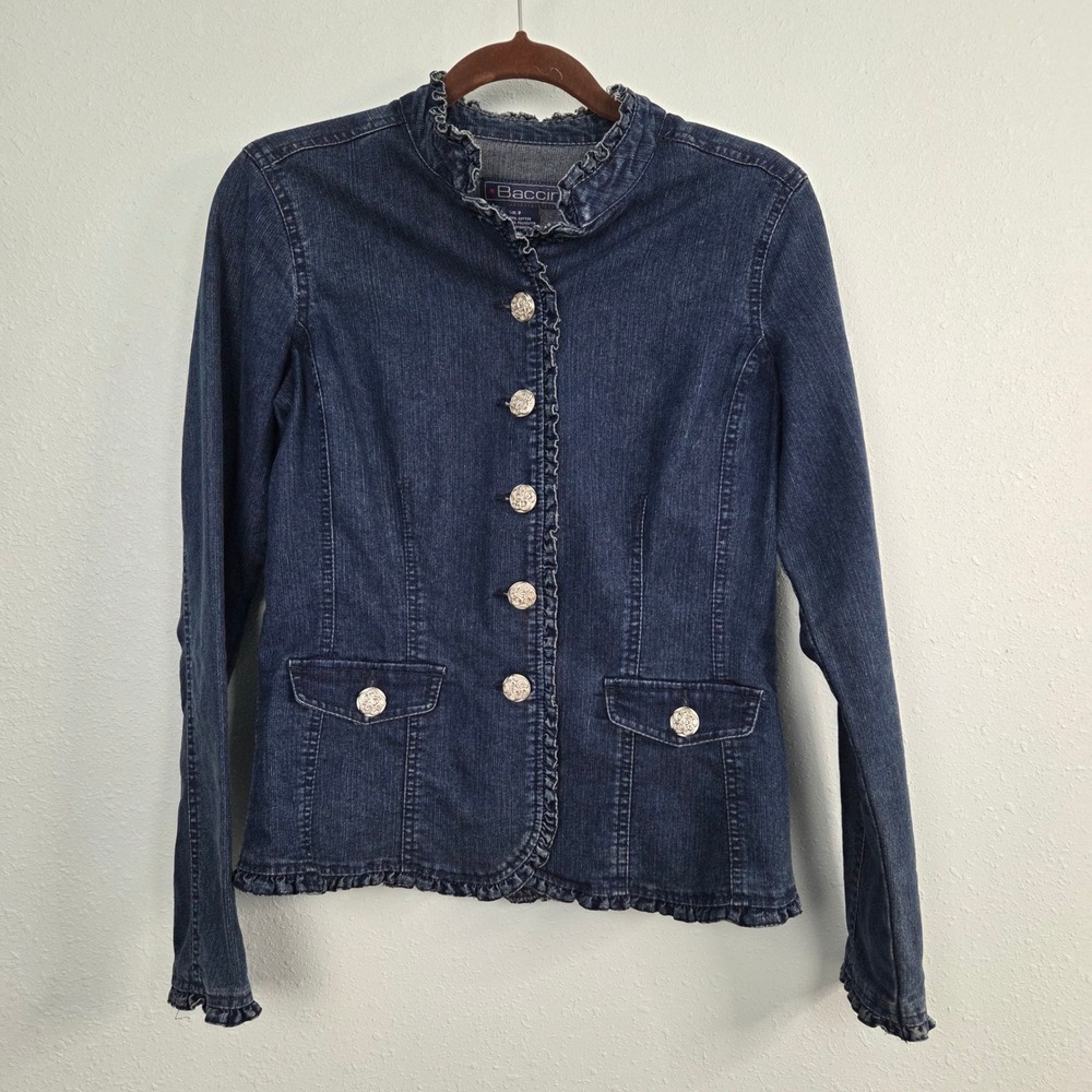 Denim Jacket Baccini Women S Blue Ruffle Trim Stretch Jean Jacket